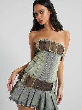 Jaded London Two-Tone Denim Corset Dress in Brown and Faded Blue